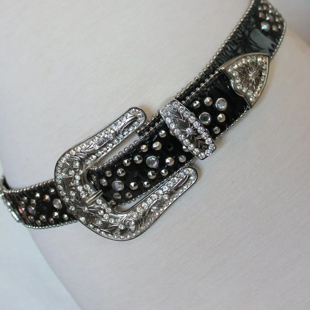 Western Black Bling Cross Belt & Buckle Clear Crystal Accent Genuine Leather SM